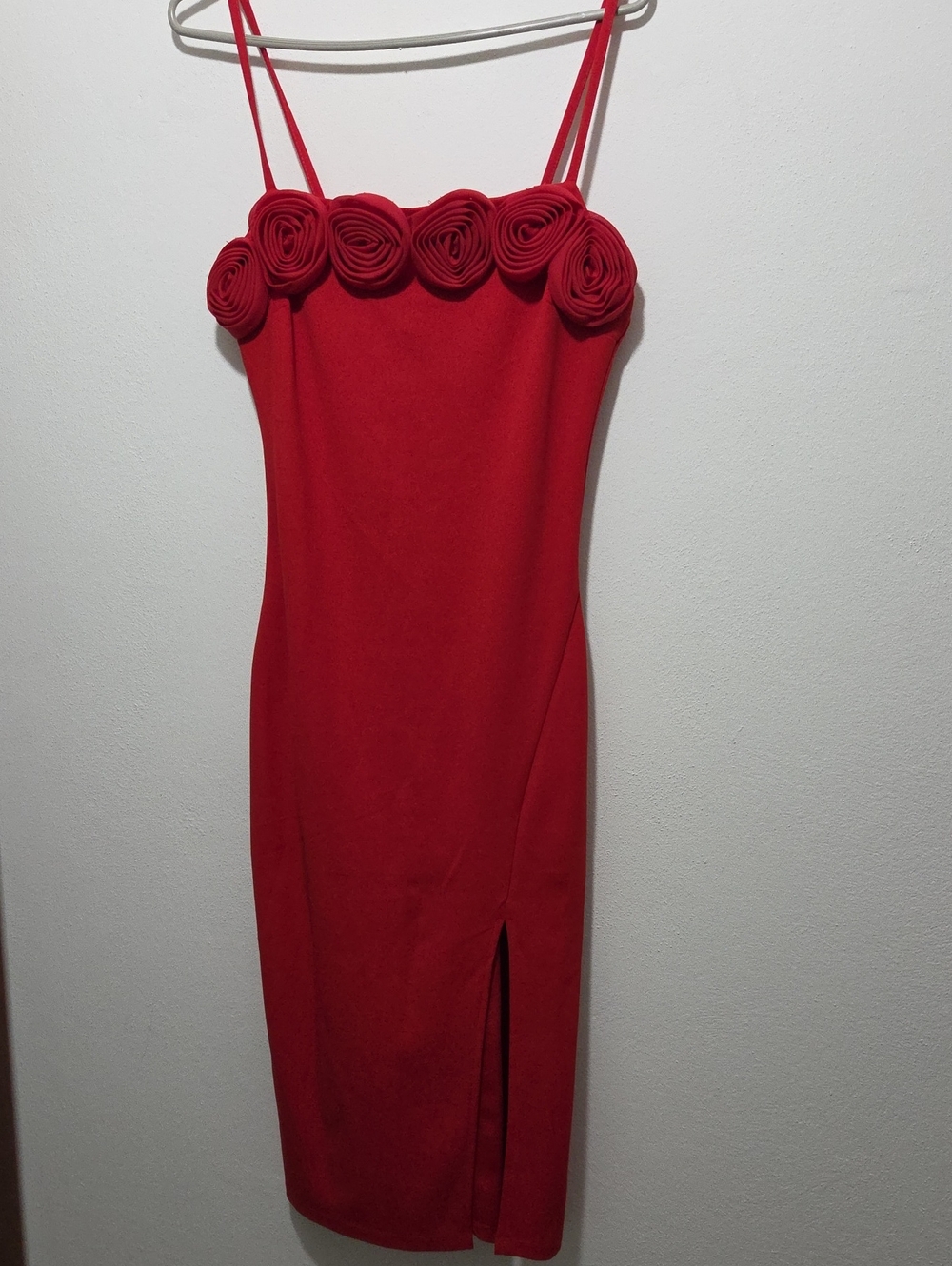 Red Rose-Trim Spaghetti Strap Midi Dress